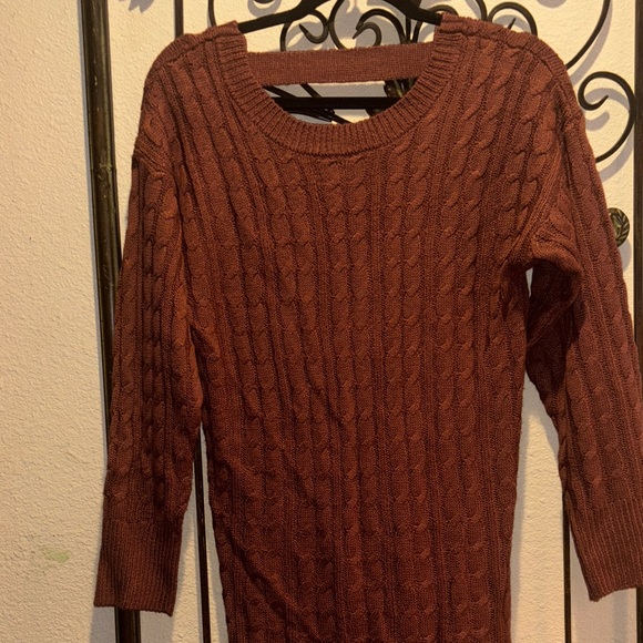 Purple Snow Sweaters - Women's Cable Knit Sweater in Rich Brown W/ Lace Up Back